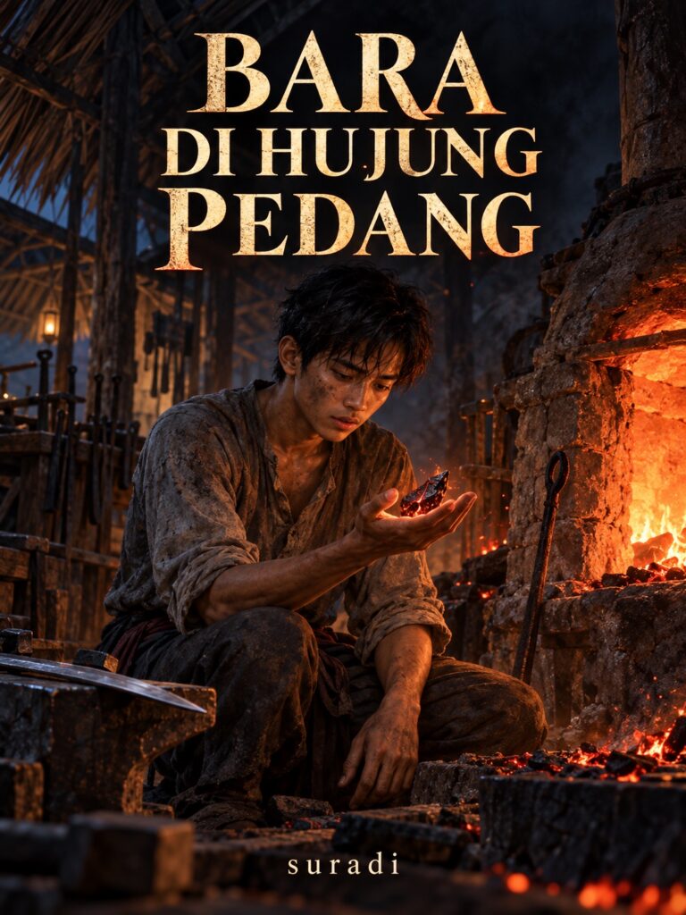 Kulit Bara di Hujung Pedang karya suradi, menampilkan Nadim dengan serpihan logam berbara di Dapur Relau.