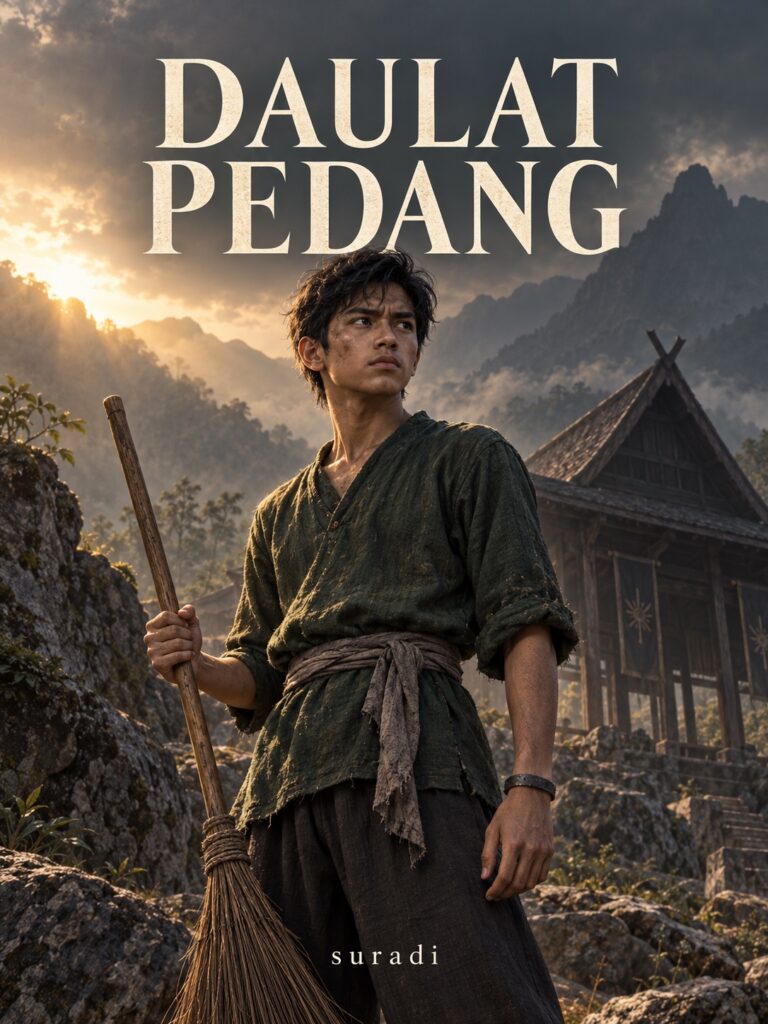 Kulit Daulat Pedang: Damar memegang penyapu di hadapan perguruan kayu, berlatar banjaran dalam cahaya fajar.