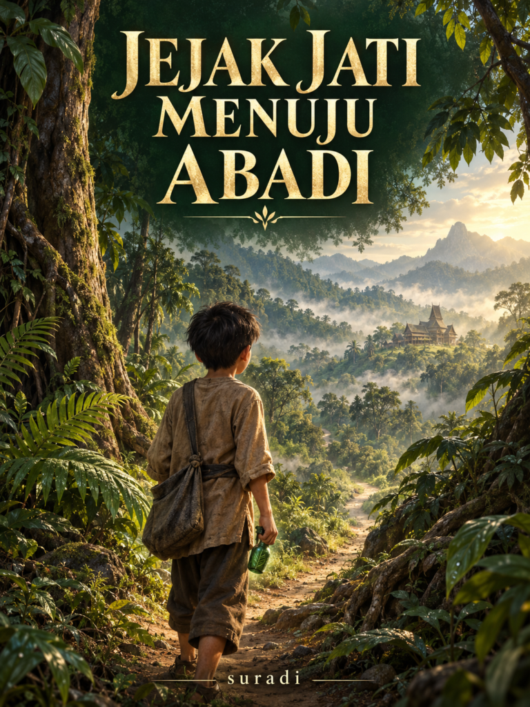 Kulit Jejak Jati Menuju Abadi: Jati membawa botol hijau di denai rimba menuju perguruan di bukit berkabus.