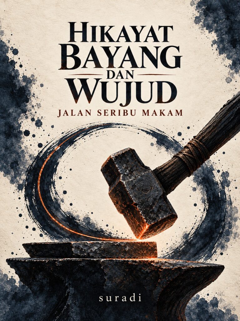 Kulit Hikayat Bayang dan Wujud: Jalan Seribu Makam karya suradi, dengan tukul dan andas dalam lingkaran dakwat arang serta cahaya tembaga.