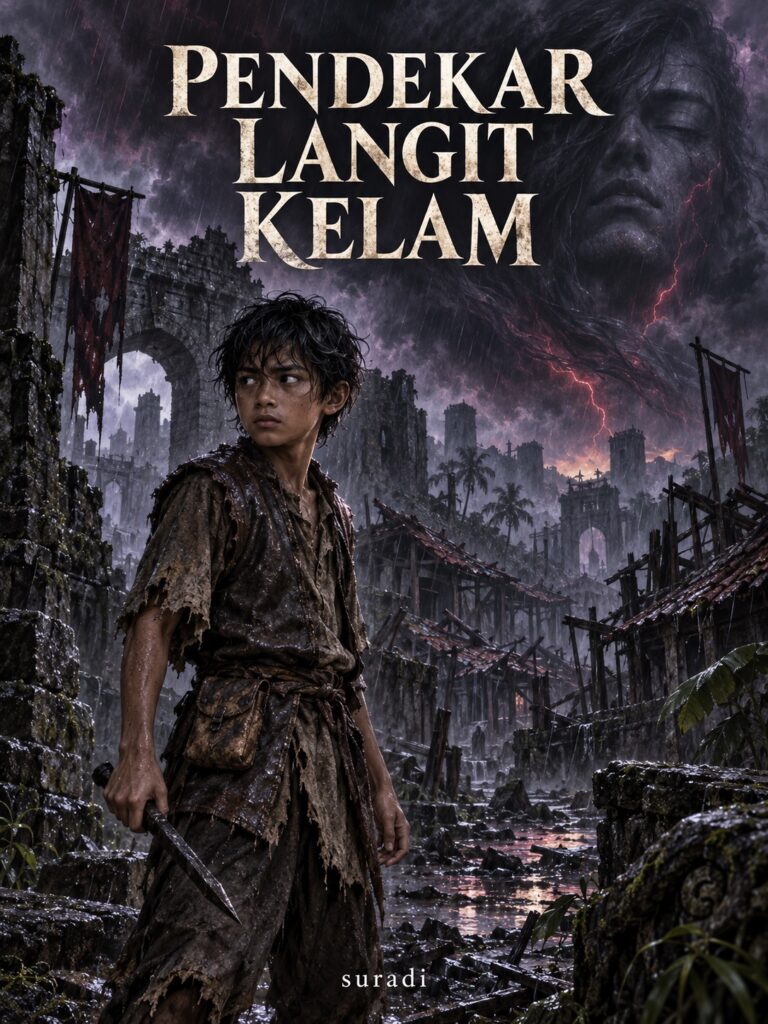 Kulit Pendekar Langit Kelam: Bayu memegang pencucuk besi di kota runtuh di bawah langit ribut dan separuh wajah dewa.