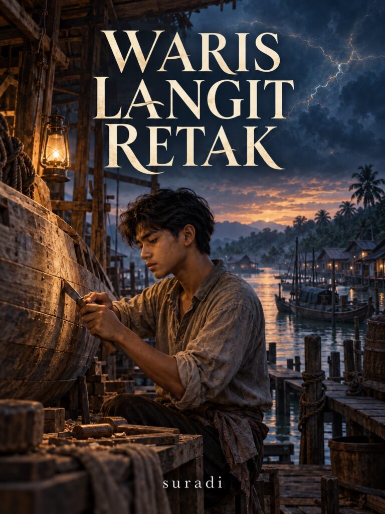 Kulit Waris Langit Retak: Sena memegang pahat di sisi perahu kayu, berlatar pelabuhan sungai dan langit biru dengan rekahan cahaya.